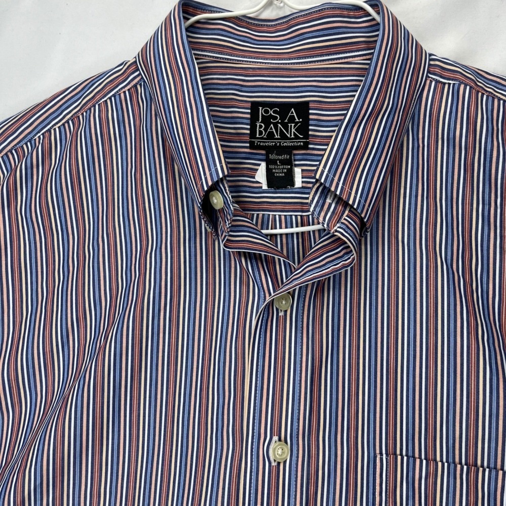 Jos. A. Bank Shirt Traveler's Collection Mens L Blue Red Striped Cotton Tailored - Picture 3 of 8